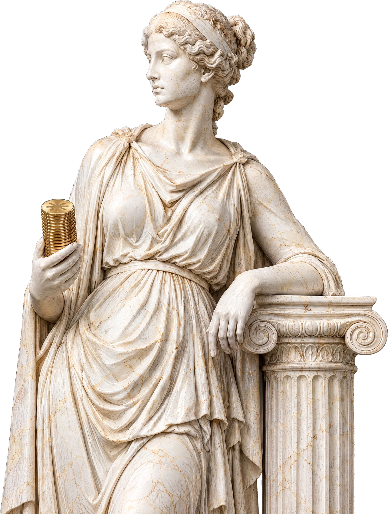 Marble Hypatia leaning on a column, holding a stack of CREDIT coins