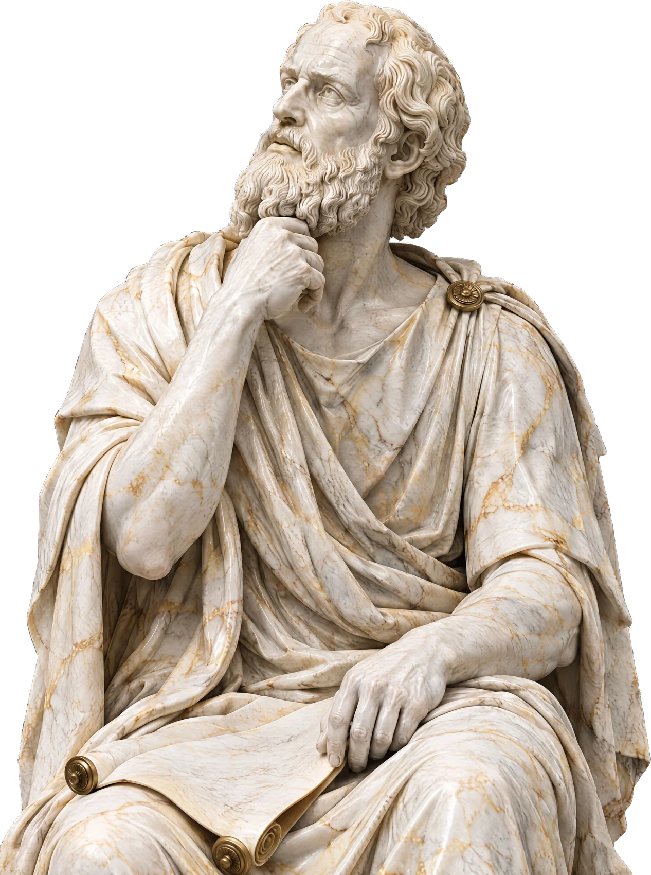 Marble philosopher resting his chin on his fist, a scroll on his lap