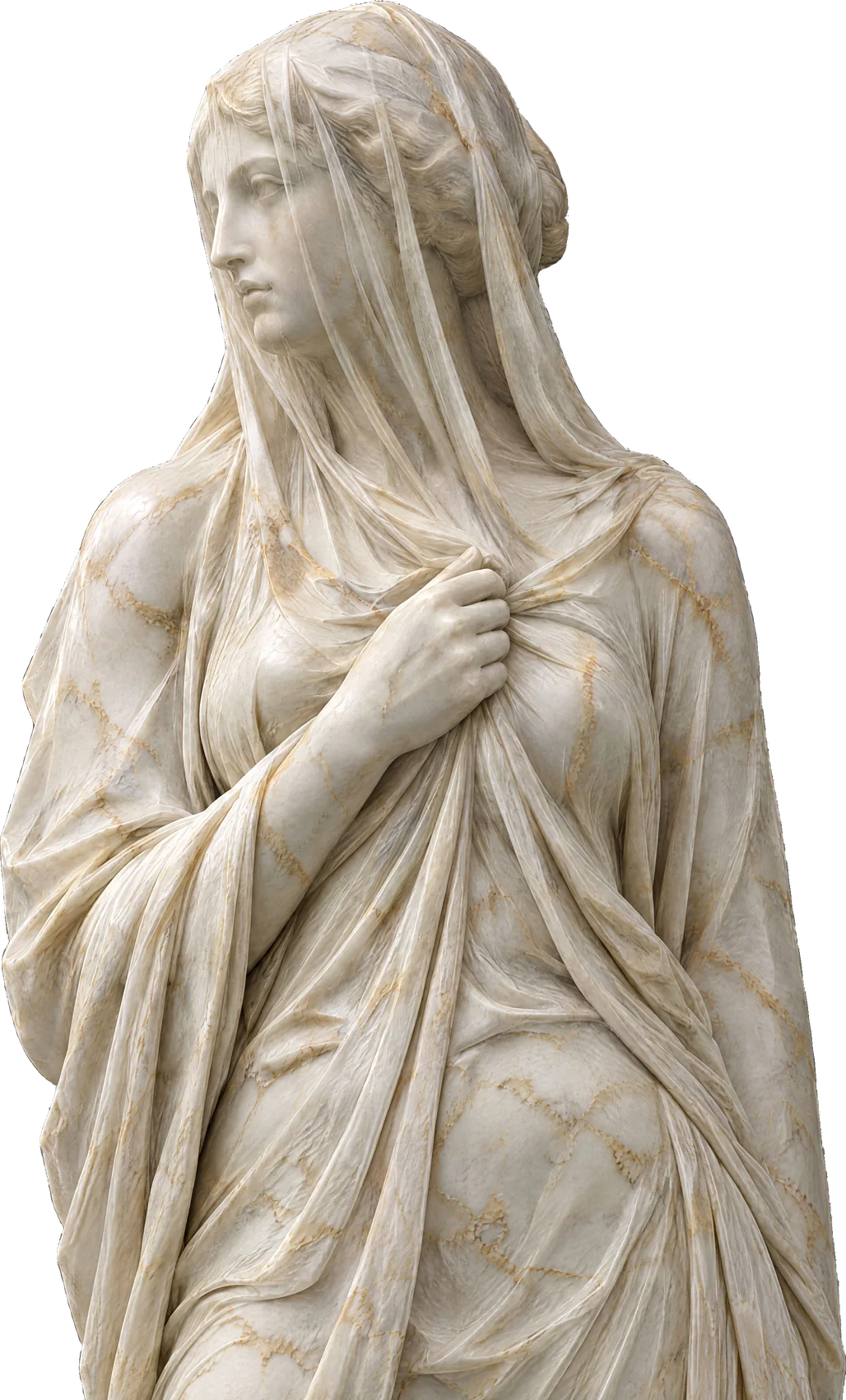 Marble statue of a veiled woman, her face under a sheer veil